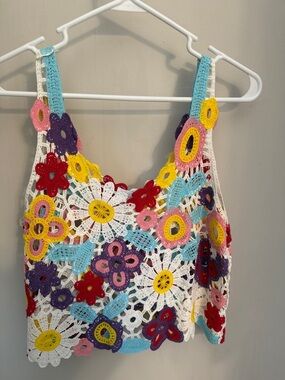 Le Lis Crochet Floral Camisole in White with Multicolor Flowers